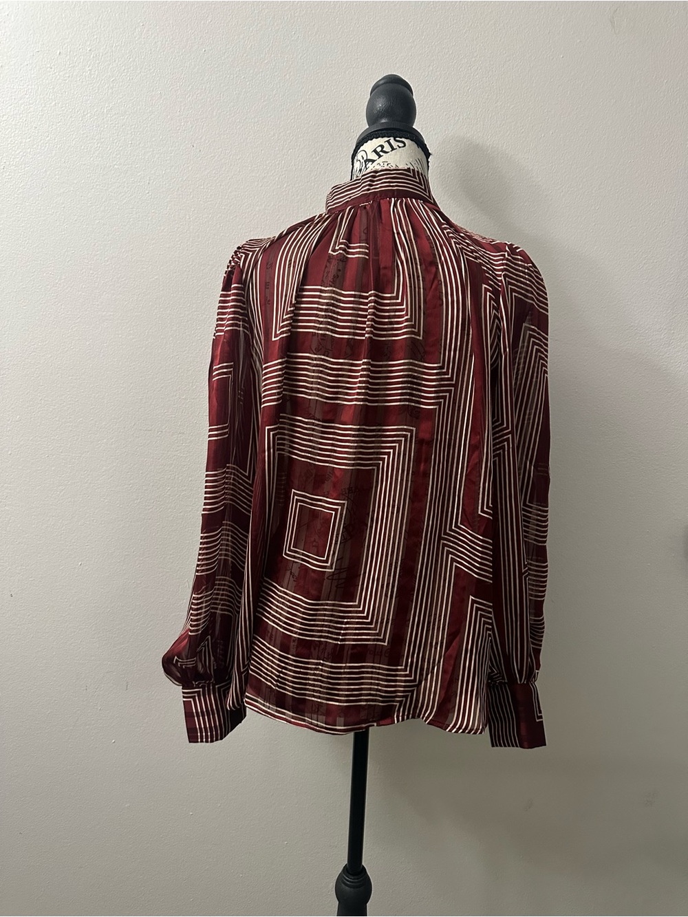 H&M Patterned Geometric Blouse Deep Red & White Sheer Top - Picture 3 of 5
